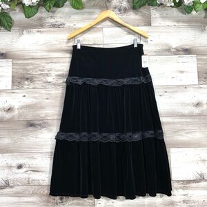 Vintage Notations black velvet stretch tier midi skirt size PM fairy grunge NWT